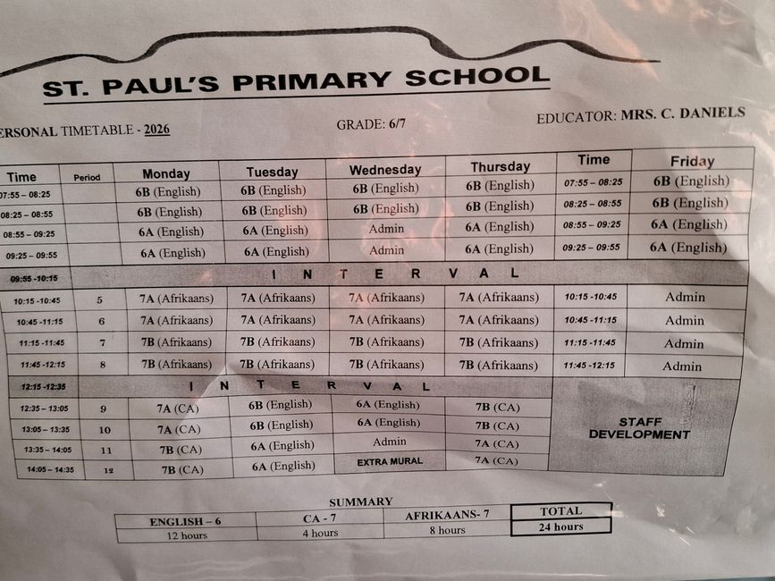 Teacher schedule (Ms. Daniels: for EN and Afrikaans)