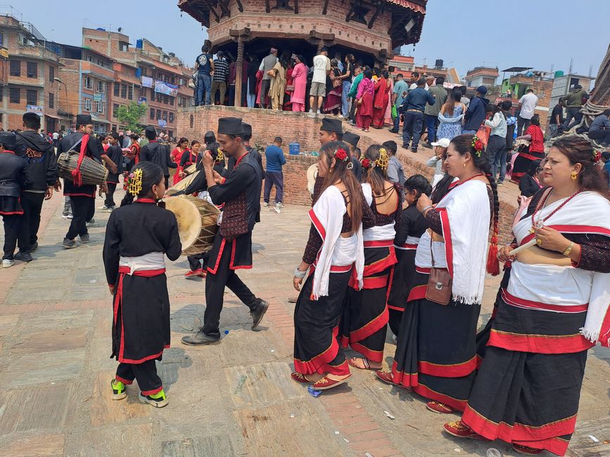 "Music groups" in the typical costumes of the Newari ethnic group.