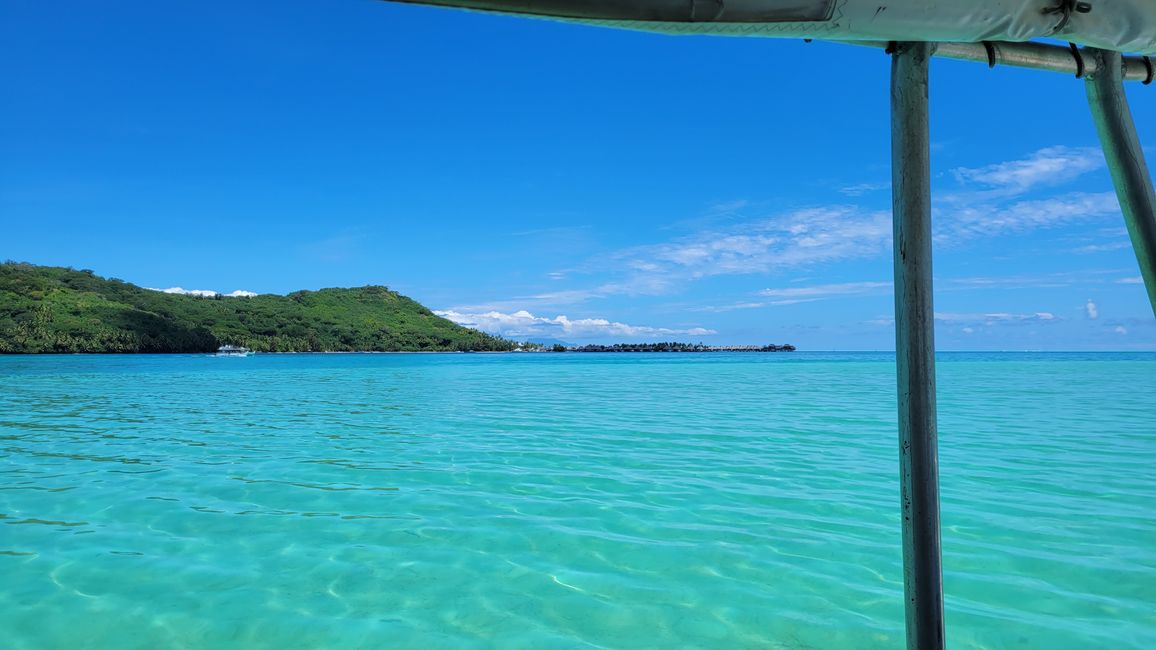 Esnórquel con raya y tiburones en el agua turquesa frente a Bora Bora.