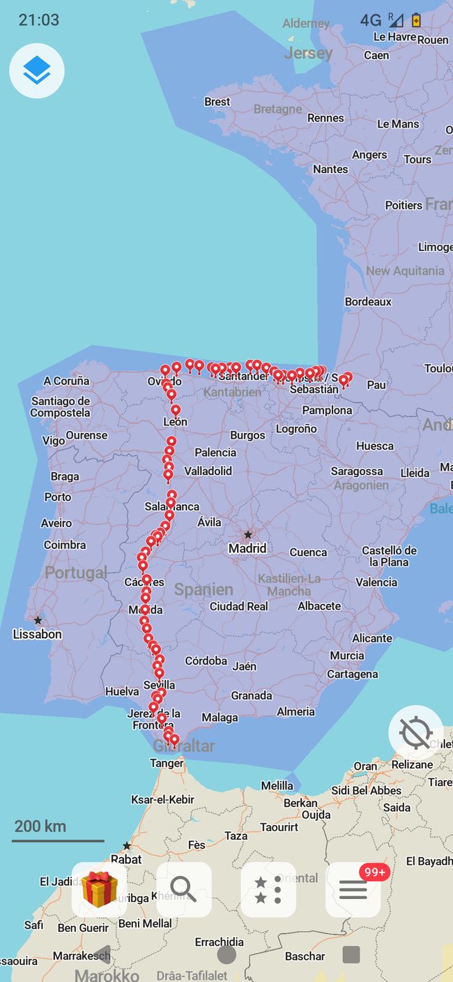 die bisherigen Schlafplätze - der Weg durch Spanien