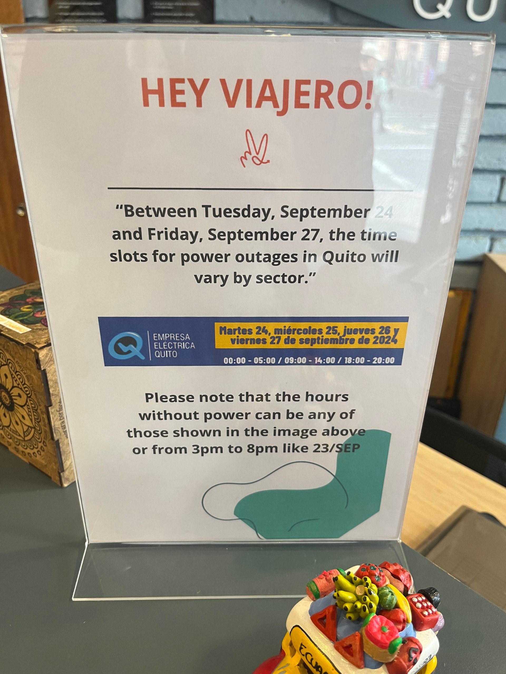 Notes in the hostel about power outage times