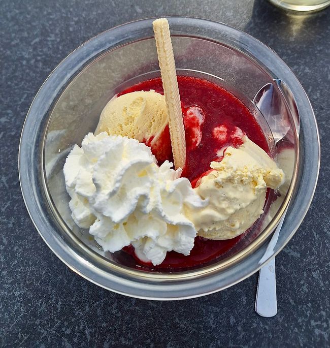 And vanilla ice cream with cream and homemade raspberry sauce for dessert.