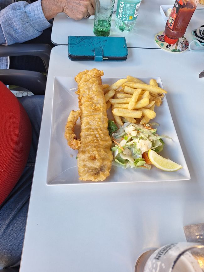 fish and chips mit Pommes und Salat 