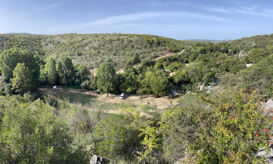 View of the campsite from above, we stood between the two vehicles on the far left 