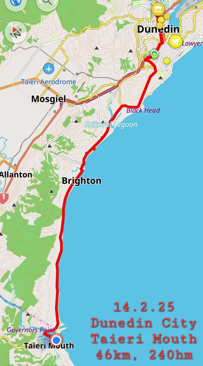 14.2.25 Dunedin, Rad abholen, ->Taieri Mouth, 46km 240hm