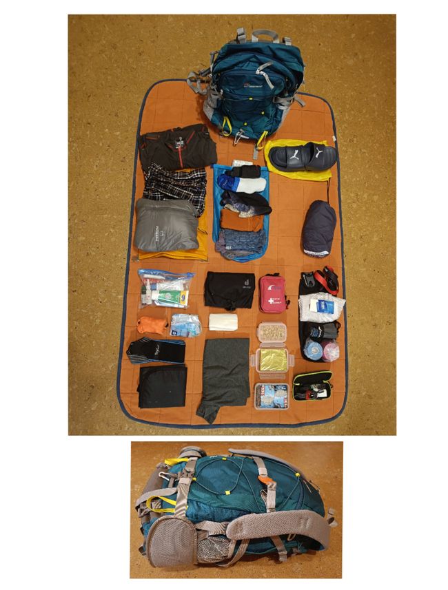 Contents of the rucksack and packed as hand luggage
