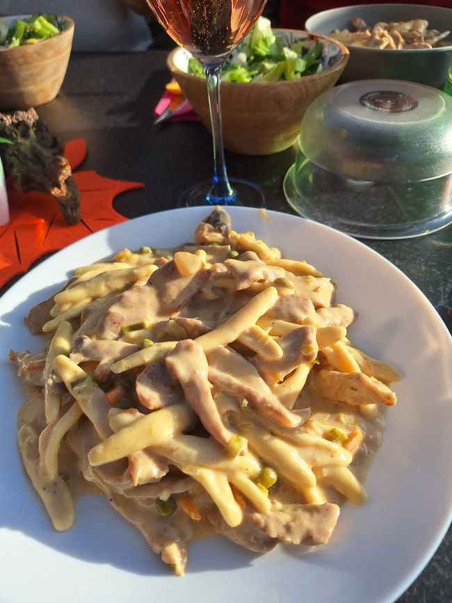 Estofado de carne con verduras y champiñones sobre pasta